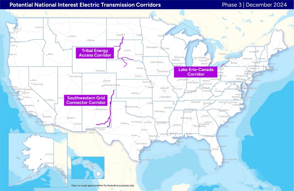 A DOE rendering of the transmission corridors planned under the Biden Administration.