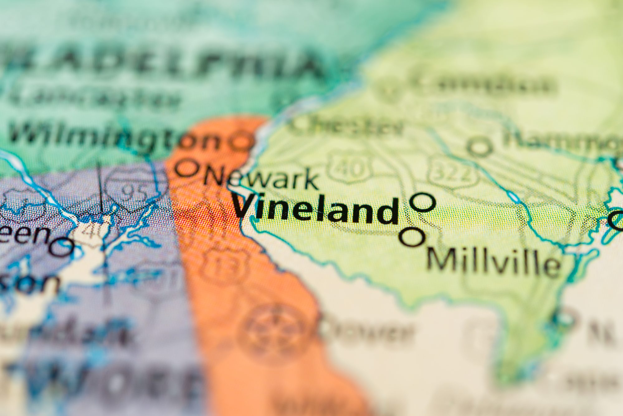 Map of southern New Jersey showing Vineland, near Millville and Philadelphia